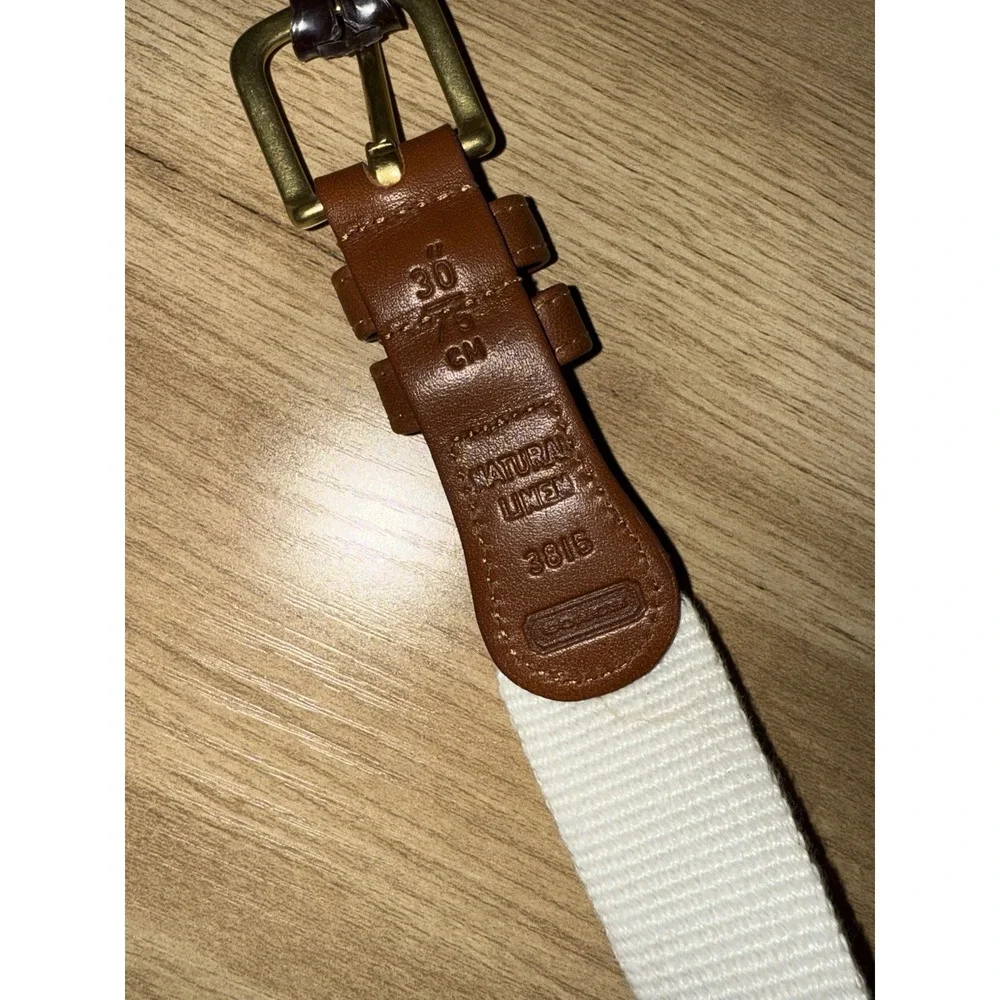 Vintage Coach Leather Canvas Belt 3815‎ Brass White Linen Brown Tan Size 34